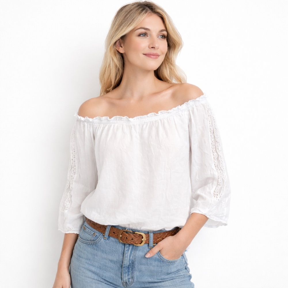 SW New York Off Shoulder Boho Peasant Top White Crochet Trim Large